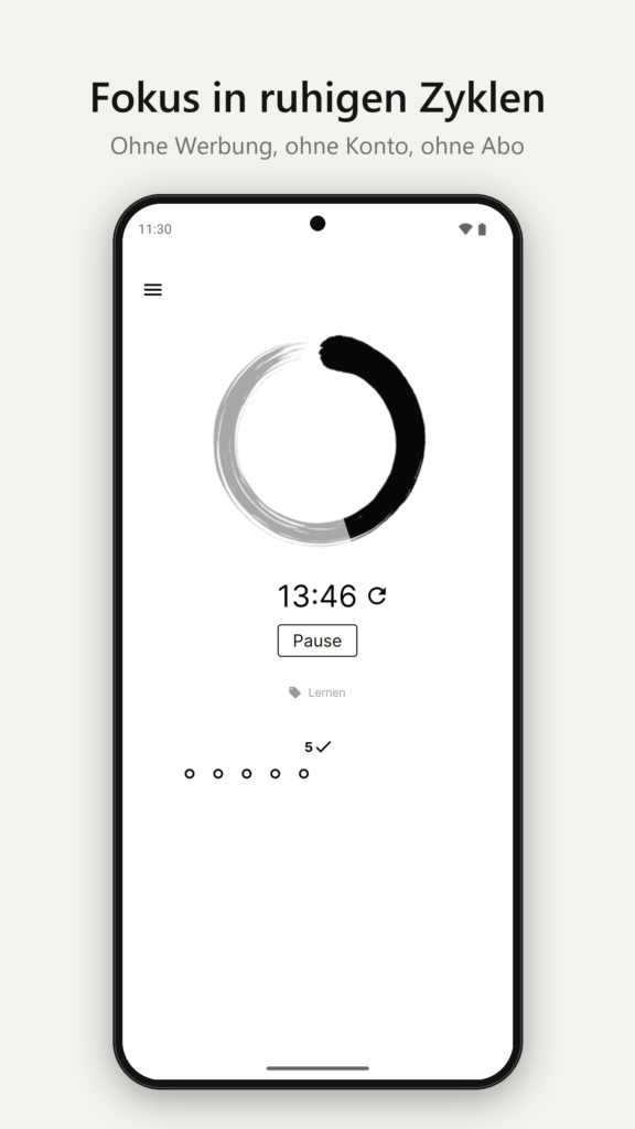 Zen Cycle: laufender Fokus-Zyklus mit dem Enso-Kreis und der verbleibenden Zeit